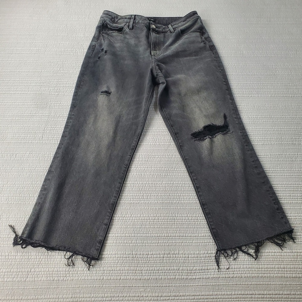 Express High Rise Straight Jeans Womens 12 Black Distressed High Rise Frayed Hem